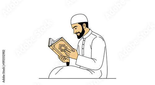 Muslim Man Reading the Holy Quran in Traditional Thawb and Kufi