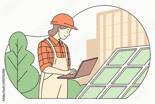 Young Asian Engineer Working on Laptop by Solar Panels in Urban Skyline