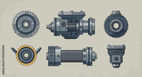 Stylized grey and yellow mechanical components and gears on a textured background