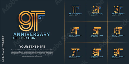 Anniversary logo style double line number set. gold and blue color on blue background for celebration event
