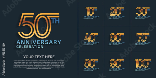 Anniversary logo style double line number set. gold and blue color on blue background for celebration event