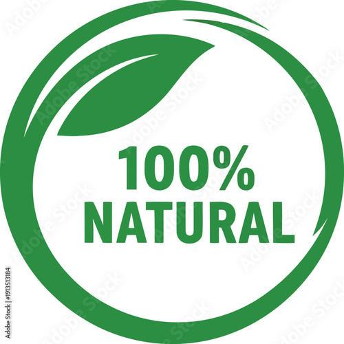 100% natural label circle badge with leaf icon for organic products and eco friendly brands vector
