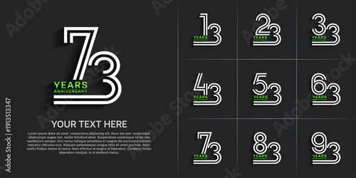 Anniversary logo style double line number set. white and green color on black background for celebration event