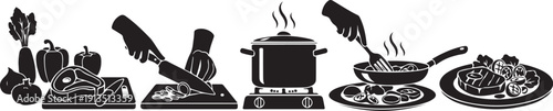 Cooking essentials and food preparation illustrations in black and white