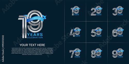 Anniversary logo style double line number set. silver color with blue ribbon for celebration event