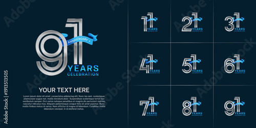 Anniversary logo style double line number set. silver color with blue ribbon for celebration event