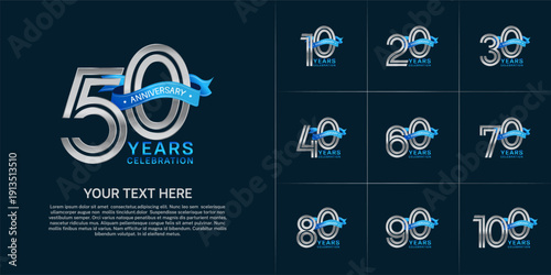 Anniversary logo style double line number set. silver color with blue ribbon for celebration event