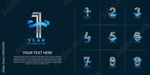 Anniversary logo style double line number set. silver color with blue ribbon for celebration event