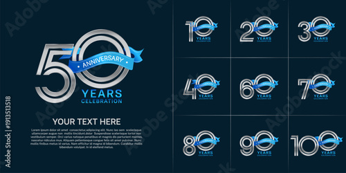 Anniversary logo style double line number set. silver color with blue ribbon for celebration event