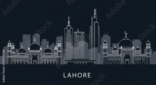 Lahore city skyline at night with modern and historic buildings in a dark background