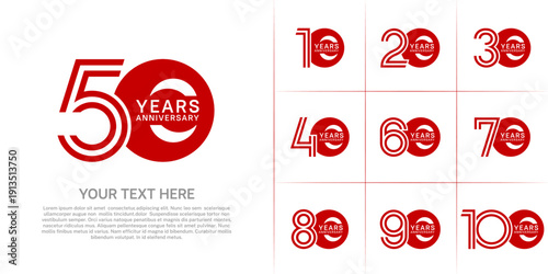 Anniversary logo style double line number set. red color on white background for celebration event