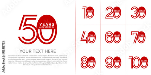 Anniversary logo style double line number set. red color on white background for celebration event