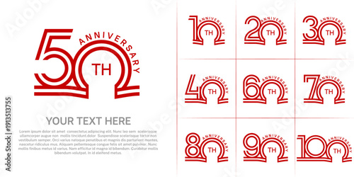 Anniversary logo style double line number set. red color on white background for celebration event