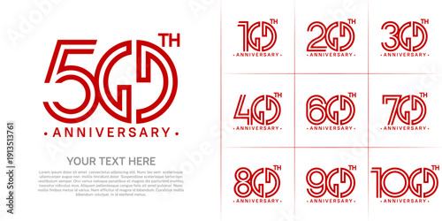 Anniversary logo style double line number set. red color on white background for celebration event