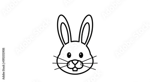 A cute cartoon rabbit head with long ears and whiskers on a white background simple line drawing