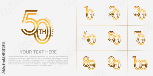 Anniversary logo style double line number set. golden color on white background for celebration event