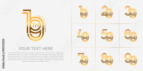 Anniversary logo style double line number set. golden color on white background for celebration event