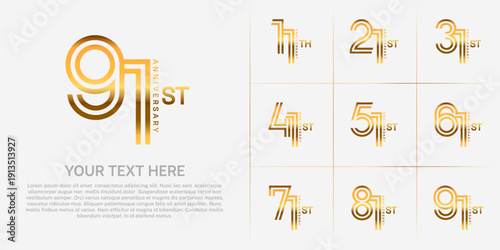 Anniversary logo style double line number set. golden color on white background for celebration event