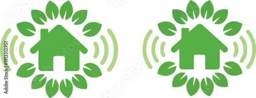 Green home eco smart technology renewable energy symbol house leaf orbit icon pair vector