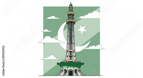 Minar e pakistan monument with crescent moon and star on green background with clouds