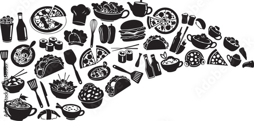 Food and drink icons in black and white illustration