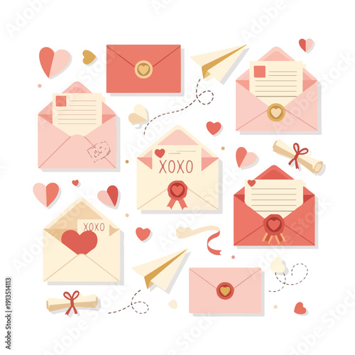 A collection of envelopes, hearts, and scrolls in a romantic design