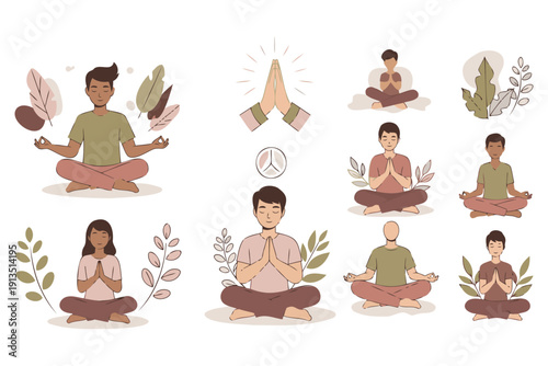 Colorful illustration of diverse people practicing meditation and yoga poses in various positions surrounded by nature elements and symbols