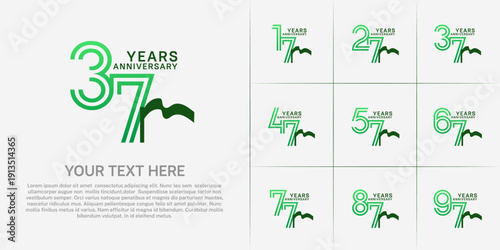 Anniversary logo type set with double line number. green color and ribbon for celebration event