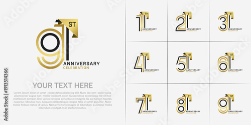 Anniversary logo type set with double line number. black and golden color for celebration event