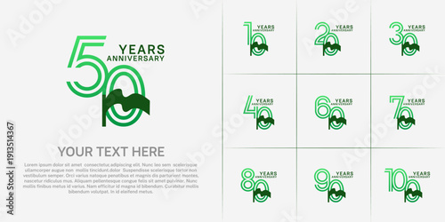 Anniversary logo type set with double line number. green color and ribbon for celebration event