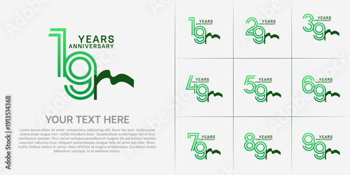 Anniversary logo type set with double line number. green color and ribbon for celebration event