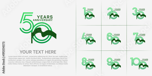 Anniversary logo type set with double line number. green color and ribbon for celebration event