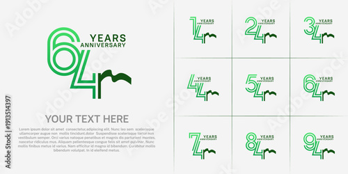 Anniversary logo type set with double line number. green color and ribbon for celebration event