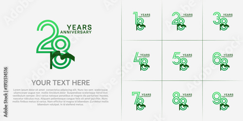 Anniversary logo type set with double line number. green color and ribbon for celebration event