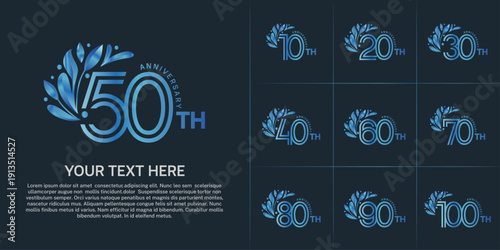 Anniversary logo type set with double line number and floral ornament. blue color for celebration event