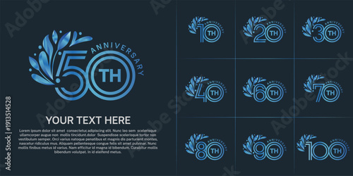 Anniversary logo type set with double line number and floral ornament. blue color for celebration event