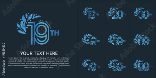 Anniversary logo type set with double line number and floral ornament. blue color for celebration event