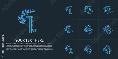 Anniversary logo type set with double line number and floral ornament. blue color for celebration event