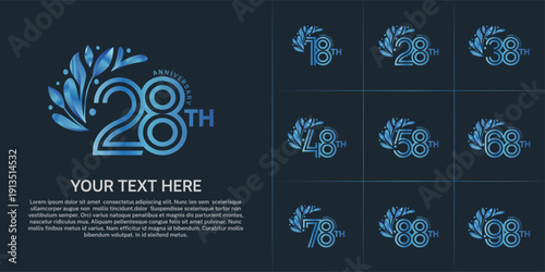 Anniversary logo type set with double line number and floral ornament. blue color for celebration event