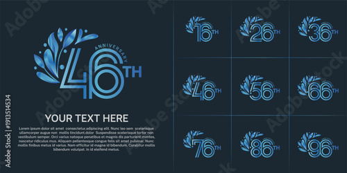 Anniversary logo type set with double line number and floral ornament. blue color for celebration event