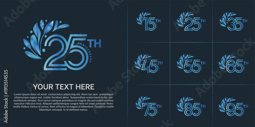 Anniversary logo type set with double line number and floral ornament. blue color for celebration event