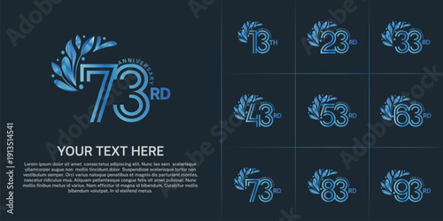 Anniversary logo type set with double line number and floral ornament. blue color for celebration event