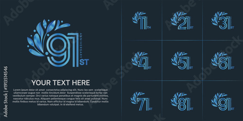 Anniversary logo type set with double line number and floral ornament. blue color for celebration event