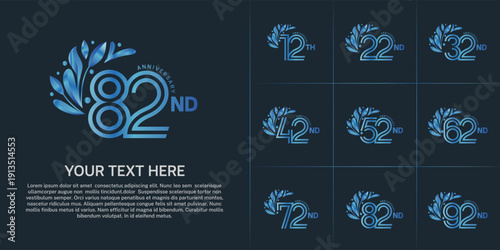 Anniversary logo type set with double line number and floral ornament. blue color for celebration event