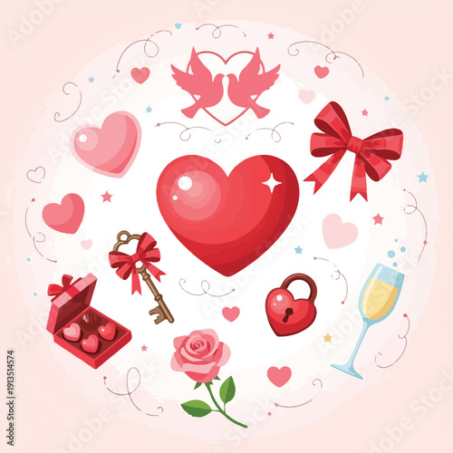 A collection of heart shapes and other Valentine's Day themed illustrations