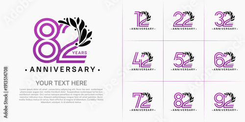 Anniversary logo type set with double line number and black floral ornament. purple color for celebration event