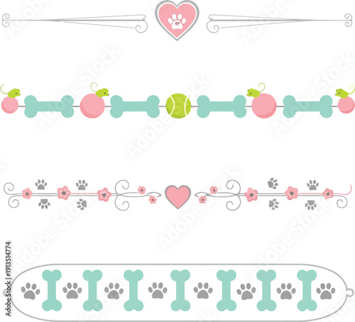 Cute dog bone paw print heart decorative borders set for pet lovers vector