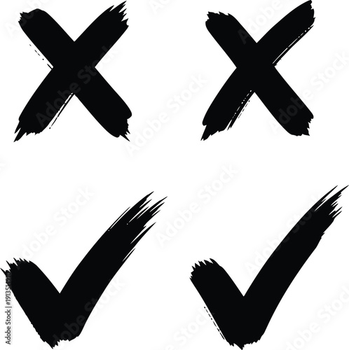 Hand drawn check mark and cross symbols for yes no decision making and approval choices vector