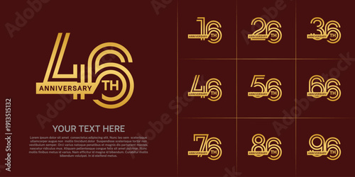 Anniversary logo type set with double line number. gold color with ribbon for celebration event