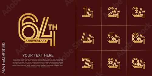 Anniversary logo type set with double line number. gold color with ribbon for celebration event